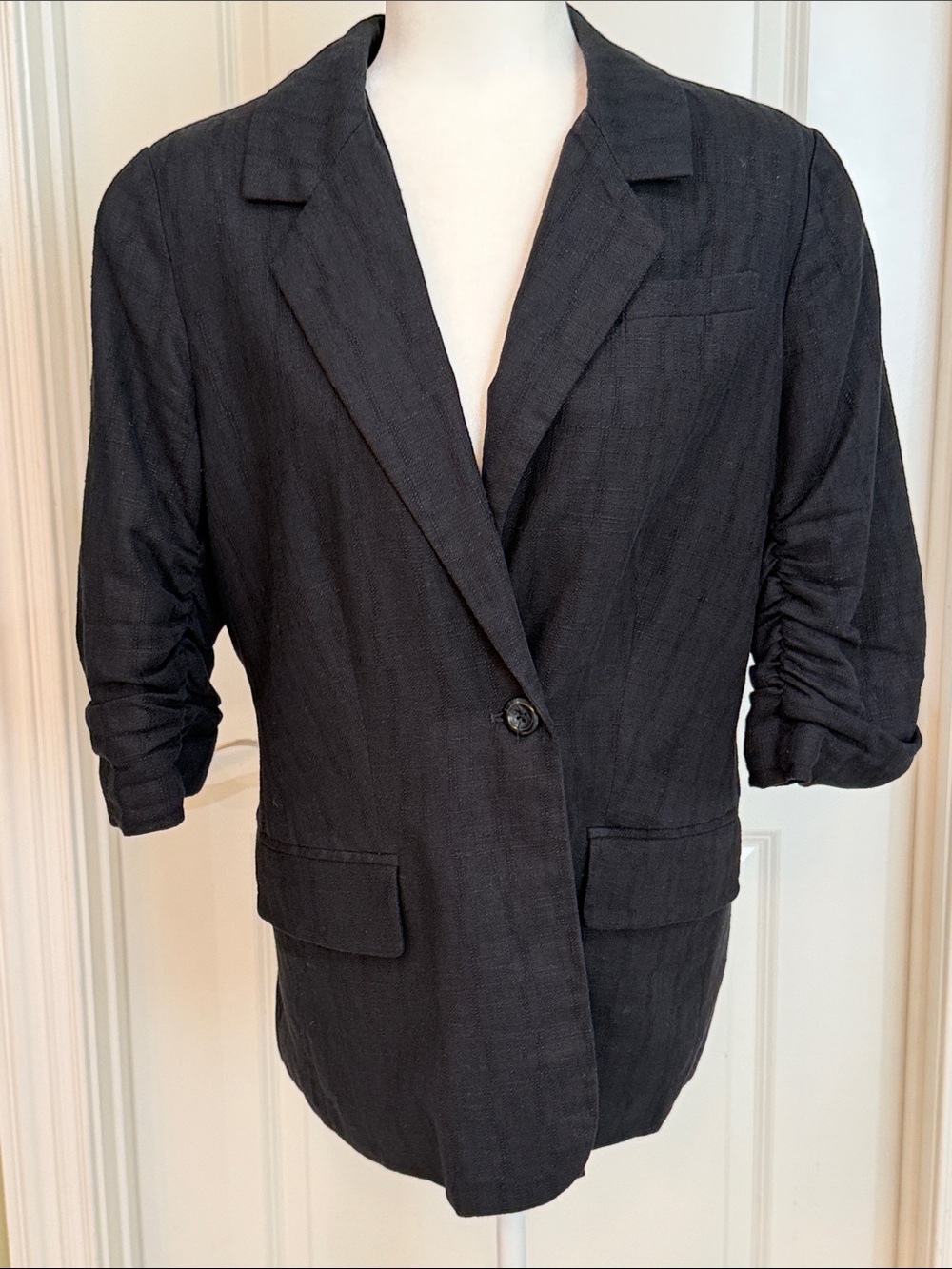 Black Linen-Blend Single-Button Boyfriend Blazer Jacket Office Professional